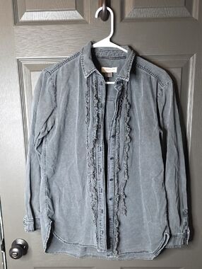 Pilcro Grey Button-Up Tuxedo Shirt with Subtle Ruffle Detail Size Small Anthro